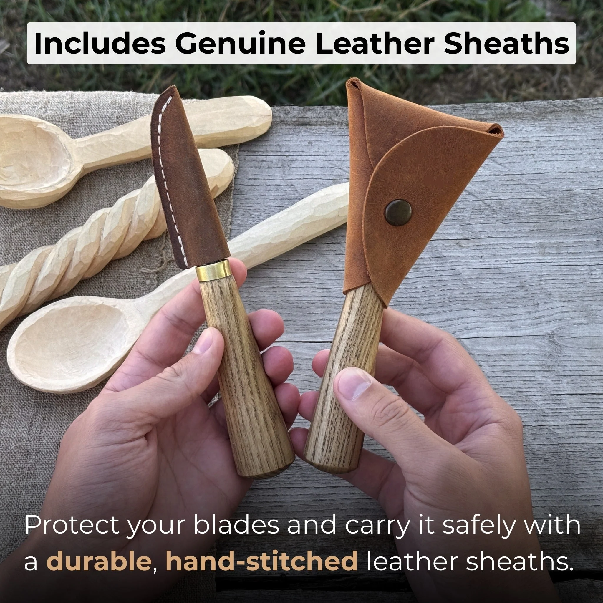 2-Piece Spoon Carving Knife Set with Leather Sheaths - Image 5