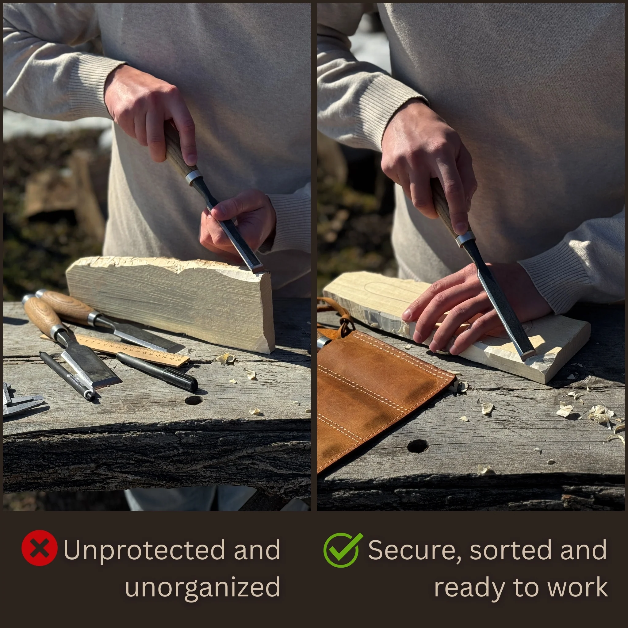 3 Pocket Leather Tool Roll for Chisels, Knives, and Small Hand Tools - Image 2