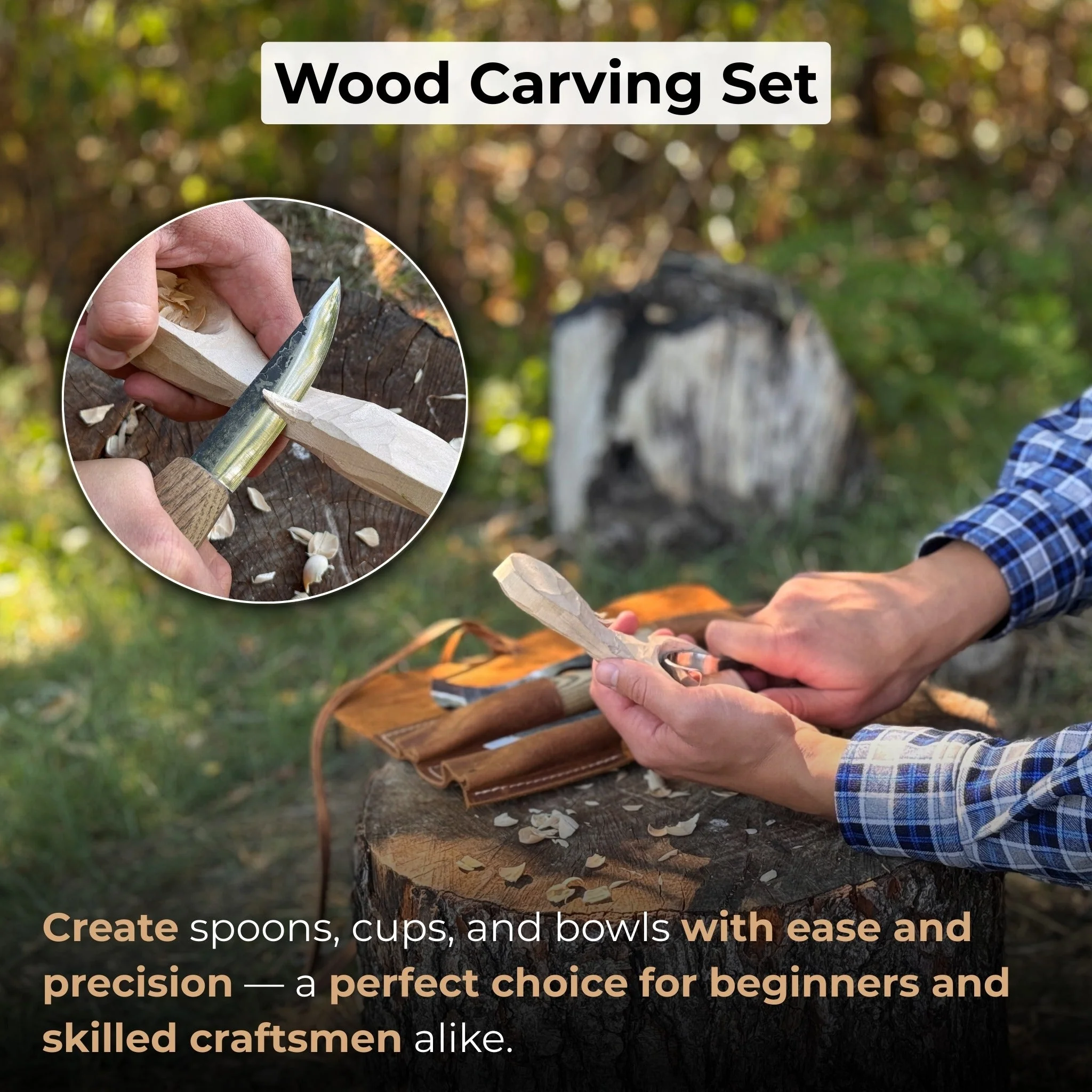 4-Piece Spoon Carving Tool Set with Leather Roll - Image 2