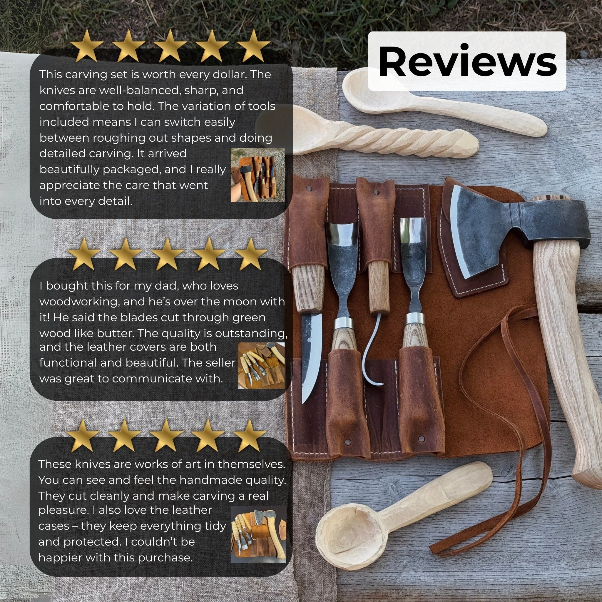 5-Piece Hand-Forged Carving Tool Set with Leather Tool Roll - Image 11