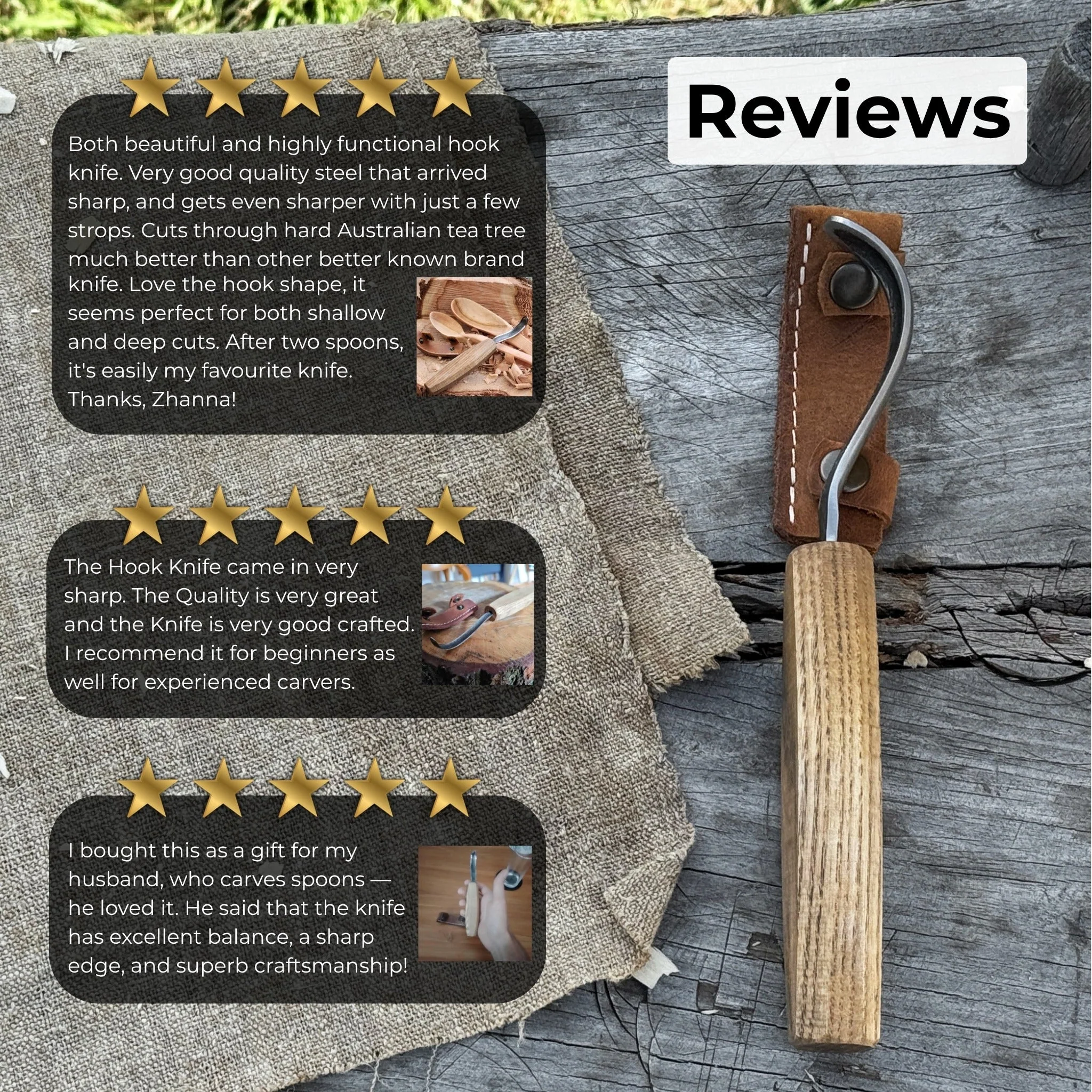Spoon Carving Hook Knife – Long Curved Blade 7 cm (2.7 inches) - Image 10